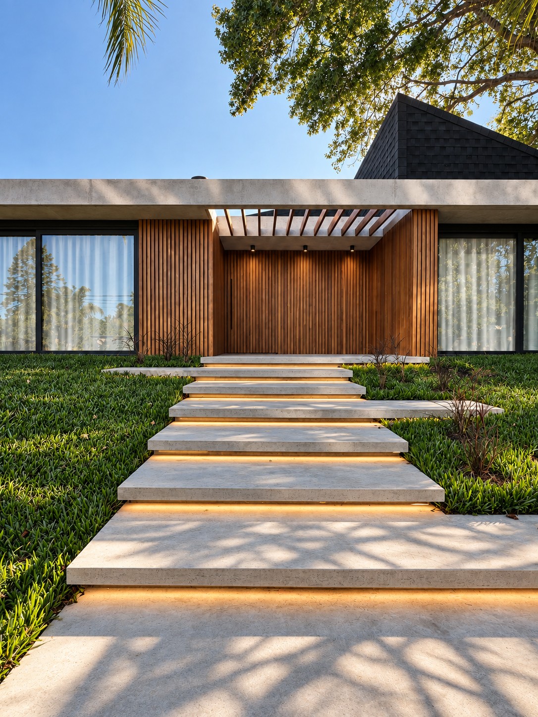 Escalinata iluminada y acceso revestido en madera de Loma Verde